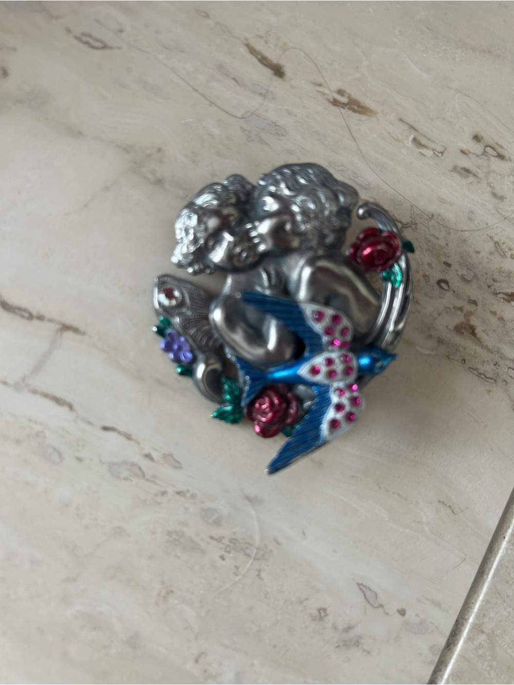 Vintage Silver tone Cherub Brooch with Blue Enamel Swallow & Pink Floral Accents